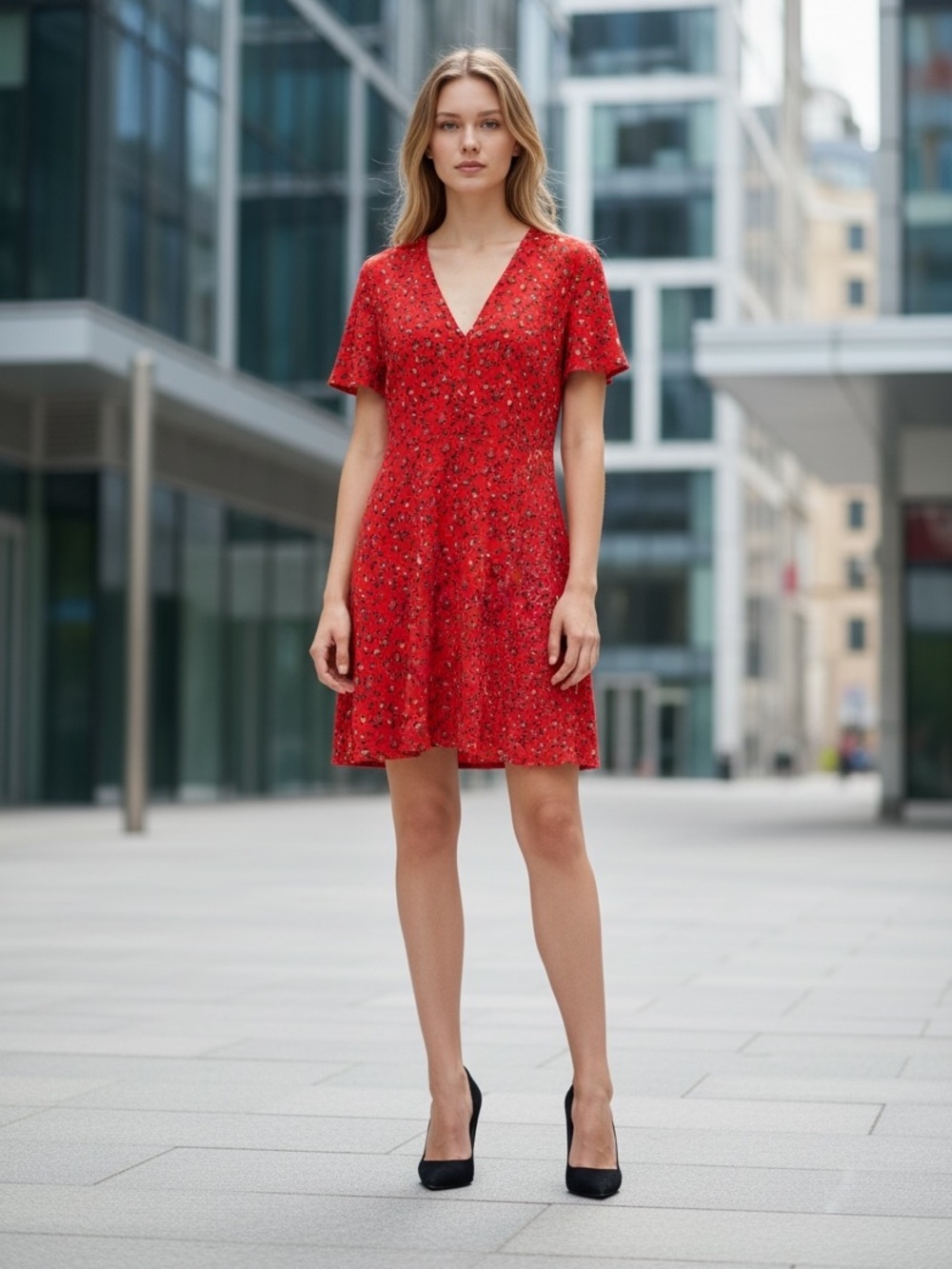 ZARA, Red Floral Mini Dress, Size Large, V-Neck Short Sleeve Stretch